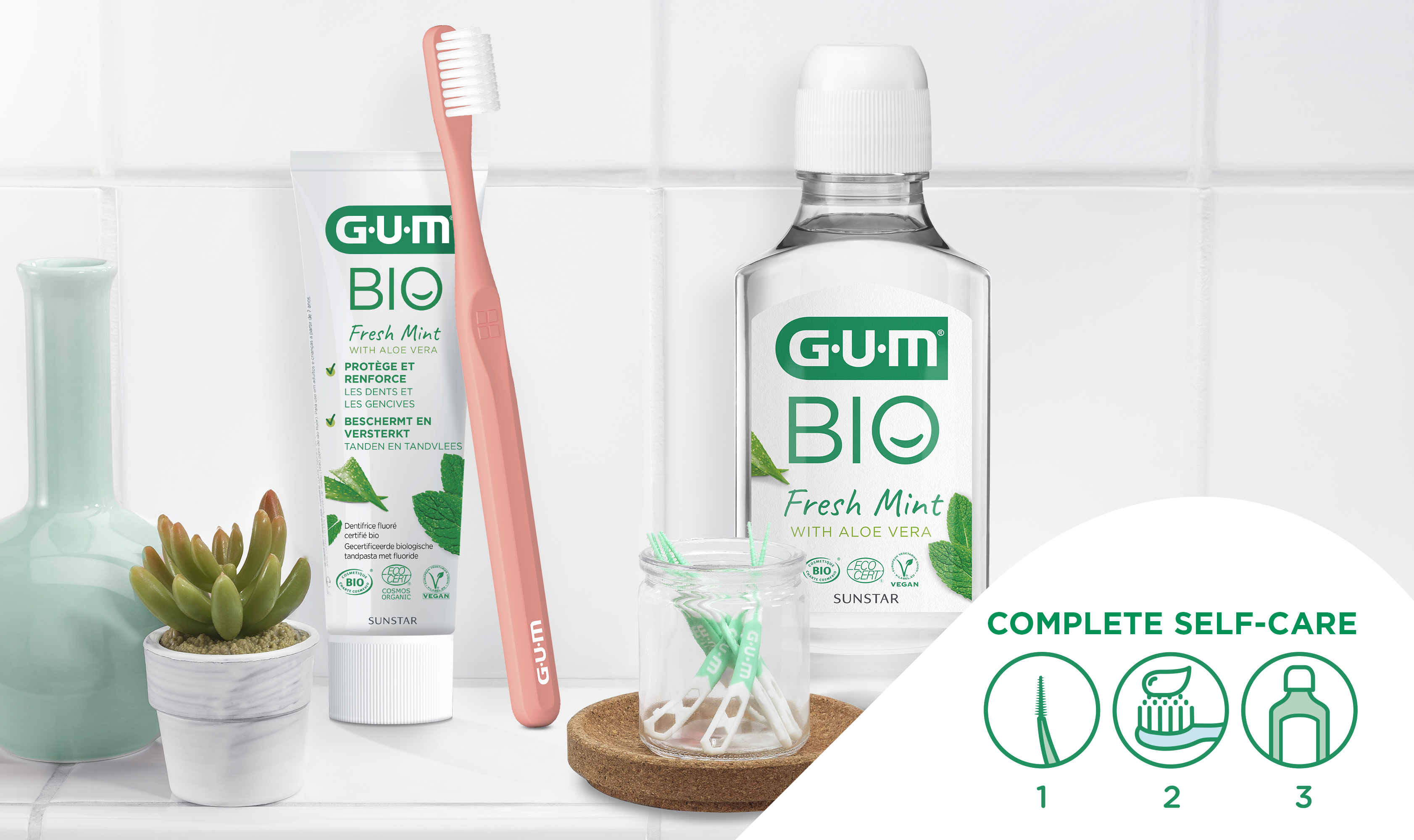 Daily care ritual with GUM SOFT-PICKS PRO Interdental pick, GUM CLASSIC toothbrush, GUM BIO toothpaste and GUM BIO Mouthwash