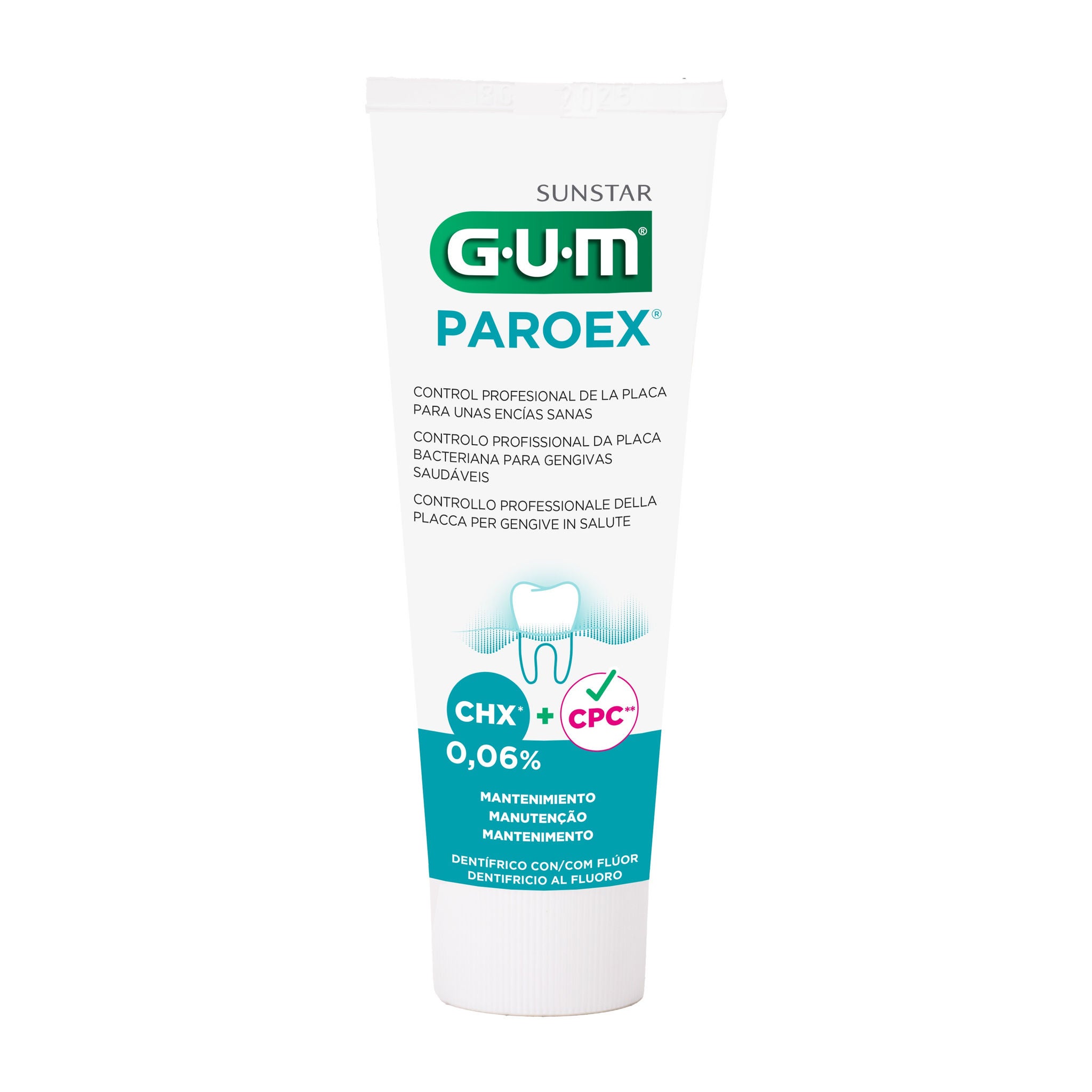 Tubo de pasta de dientes con clorhexidina GUM PAROEX mantenimiento