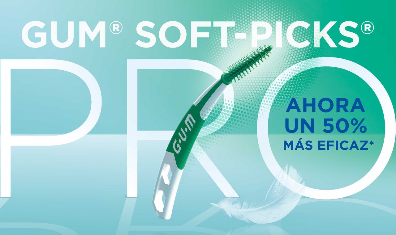 GUM SOFT-PICKS-PRO interdental de goma, una pluma y un icono con un círculo con +50% para una limpieza superior