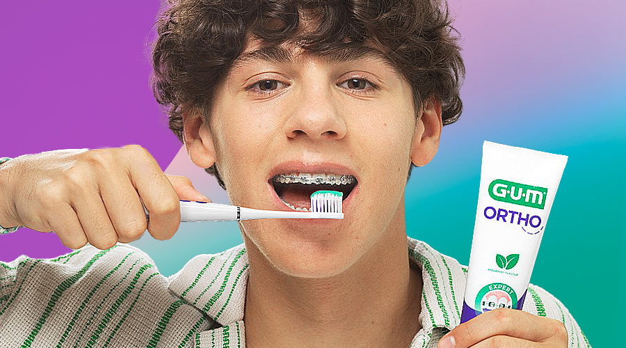 Teenager with brackets starts brushing teeth with GUM SONIC ORTHO toothbrush and GUM ORTHO Toothpaste